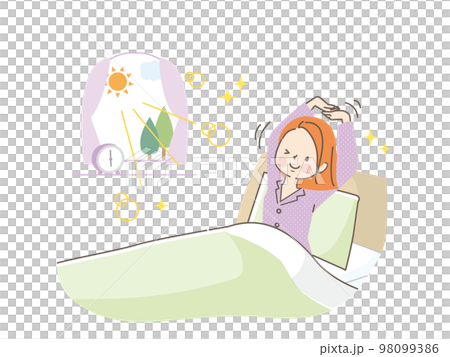 一位年輕女子早上醒來伸懶腰的插圖 一位年輕女子早上醒來伸懶腰的插圖 98099386