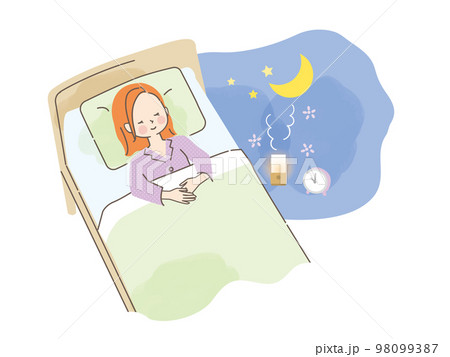 ベットでぐっすり眠る女性のイラスト素材 98099387