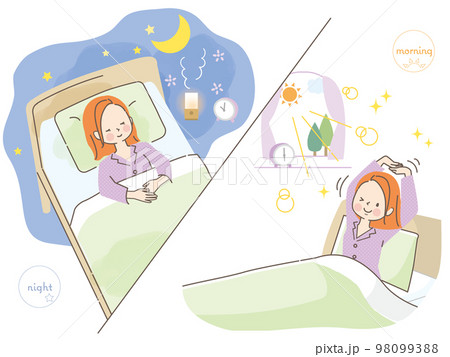 ぐっすり眠ってスッキリ目覚める若い女性のイラスト素材 98099388
