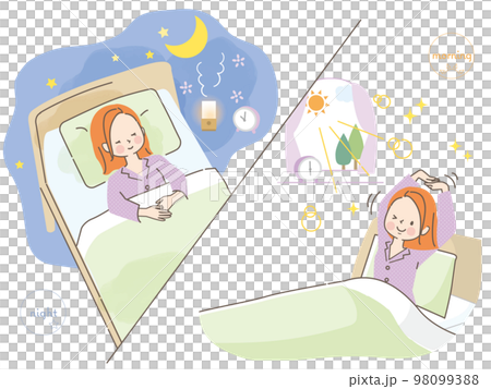 ぐっすり眠ってスッキリ目覚める若い女性のイラスト素材 98099388