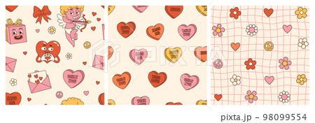 Groovy lovely hearts stickers. Love concept. Happy Valentines day. Funky happy heart character in trendy retro 60s 70s cartoon style. Vector illustration in pink red colors. 98099554