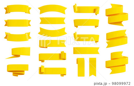 Ribbon banner 3d render set - collection of yellow glossy text box for sale or discount promotion sign. 98099972