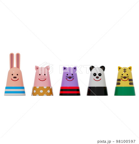 おもちゃの動物が1列に並んだ3Dイラストレーション 98100597