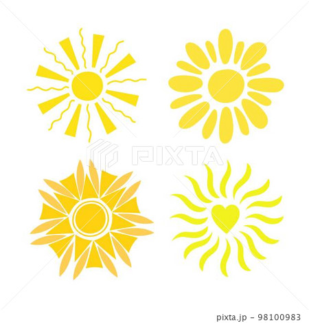 Simple yellow suns set vector flat illustration with round shape middle, cute summer image for making cards, decor, vacation concept and holiday and summertime design for children 98100983