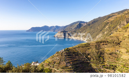 Small touristic town on the coast and farmland, Manarola, Italy. Cinque Terre Small touristic town on the coast and farmland, Manarola, Italy. Cinque Terre 98101582