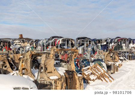 Disassembled cars on a car dump are on sale for spare parts. Disassembled cars on a car dump are on sale for spare parts. 98101706