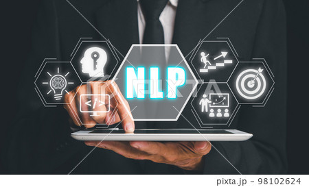 NLP natural language processing cognitive computing technology concept, Business person using digital tablet with VR screen NLP icon, AI Artificial intelligence. NLP natural language processing cognitive computing technology concept, Business person using digital tablet with VR screen NLP icon, AI Artificial intelligence. 98102624