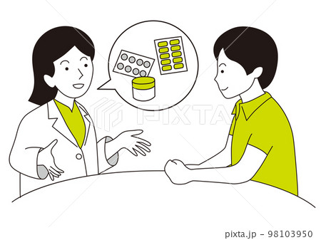 男性に薬の説明をしている白衣の女性 男性に薬の説明をしている白衣の女性 98103950