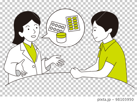 男性に薬の説明をしている白衣の女性 男性に薬の説明をしている白衣の女性 98103950