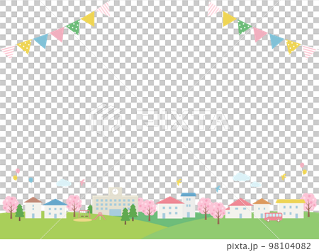 Sakura blooming spring cityscape and garland frame 98104082