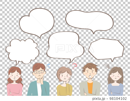 穿著便衣的憂心忡忡的年輕男女語音氣泡框 98104102