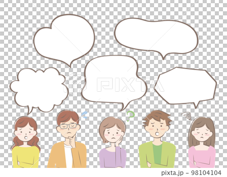 穿著便衣的憂心忡忡的年輕男女語音氣泡框 98104104