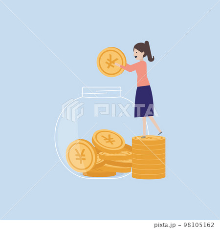 コツコツと瓶にお金を貯める女のイラスト素材 98105162