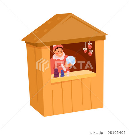 Happy Man Selling Snow Ball at Wooden Kiosk or Stall in Winter Season Vector Illustration 98105405