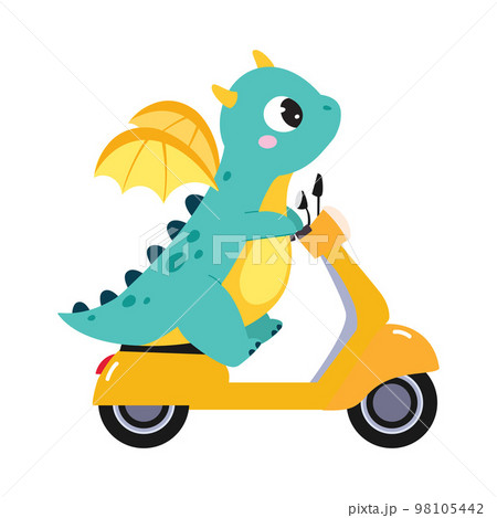Cute Turquoise Little Dragon with Wings Riding Scooter Vector Illustration 98105442