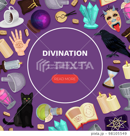 Divination and Fortune Telling Banner Design with Magic Symbols Vector Template Divination and Fortune Telling Banner Design with Magic Symbols Vector Template 98105549