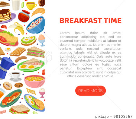 Tasty Breakfast Food Banner Design with Sandwich, Porridge and Omelette Vector Template Tasty Breakfast Food Banner Design with Sandwich, Porridge and Omelette Vector Template 98105567
