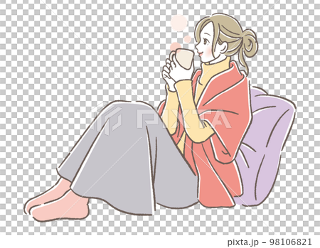 A woman drinking a hot drink 98106821
