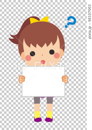 メッセージボードをもって首を傾げる可愛い小さな女の子のイラスト　白背景　ベクター　全身　人物 98107003