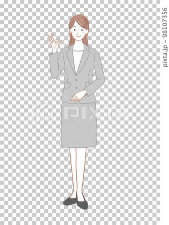 A woman in a suit giving an OK sign whole body A woman in a suit giving an OK sign whole body 98107356