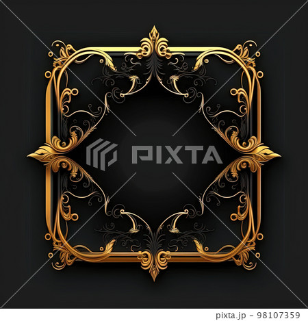 Golden ornamental frame on black bakcground. Retro golden frame with vintage ornament. Generative AI. 98107359