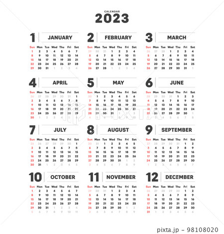 2023年のシンプルな年間カレンダー - 日曜始まり・12ヶ月・1年分の暦