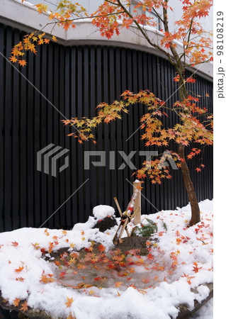 紅葉と雪が積もるつくばい(手水鉢)2 紅葉と雪が積もるつくばい(手水鉢)2 98108219