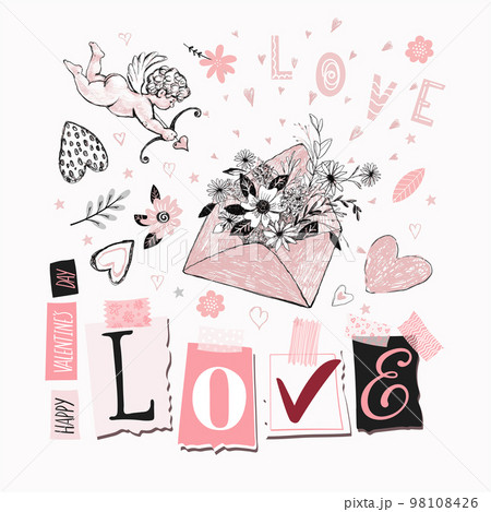 Happy Valentine s day, envelope with flowers, cupid, two hearts, hand drawn card isolated on white background, modern vector illustration. Love, social network banner. 98108426