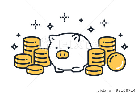 ブタの貯金箱と大量のコインのシンプルなベクターアイコンイラスト素材 98108714