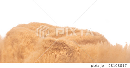 Blur Defocus image of Small Fine Sand flying explosion, Golden grain wave explode blow. Abstract sands cloud. Yellow colored sand splash up in Air. White background Isolated high speed shutter freeze Blur Defocus image of Small Fine Sand flying explosion, Golden grain wave explode blow. Abstract sands cloud. Yellow colored sand splash up in Air. White background Isolated high speed shutter freeze 98108817