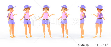 Young woman character in different angles view. Portrait of girl tourist with backpack in purple cap and shorts. Rotation animation set of cute female character, cartoon 3d render Young woman character in different angles view. Portrait of girl tourist with backpack in purple cap and shorts. Rotation animation set of cute female character, cartoon 3d render 98109712