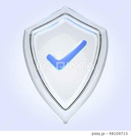 Glass shield with tick sign isolated on blue background front view 3d render. Protection and safety symbol with checkmark icon, computer or phone access security, certificate template Glass shield with tick sign isolated on blue background front view 3d render. Protection and safety symbol with checkmark icon, computer or phone access security, certificate template 98109713