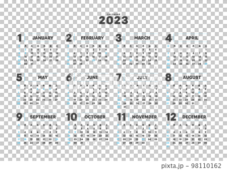 2023年のシンプルな年間カレンダー - 日曜始まり・12ヶ月・1年分 - 日本の祝日 - A版比率 2023年のシンプルな年間カレンダー - 日曜始まり・12ヶ月・1年分 - 日本の祝日 - A版比率 98110162