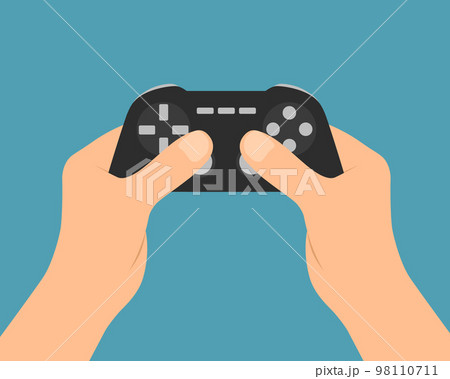 Male hands holding gamepad controller and playing video game, vector on green background 98110711