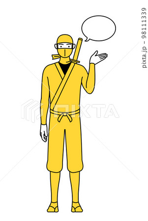 ふきだしつき、案内をする忍者のコスプレをした男性 ふきだしつき、案内をする忍者のコスプレをした男性 98111339