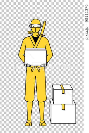 一個穿著忍者服裝的男人拿著紙板箱 一個穿著忍者服裝的男人拿著紙板箱 98111376