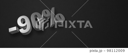 90% off discount offer. 3D illustration isolated on black. Horizontal banner 98112009