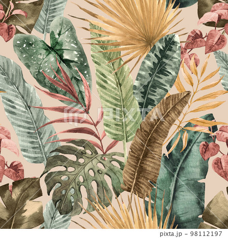 Beautiful seamless pattern with hand drawn watercolor colorful tropical palm leaves. Stock illustration. Wallpapper textile fabric design. Beautiful seamless pattern with hand drawn watercolor colorful tropical palm leaves. Stock illustration. Wallpapper textile fabric design. 98112197