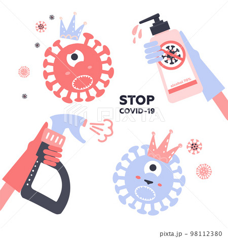 Set of Disinfection coronavirus. Stop 2019-nCoV. Hand in glove spray kills a virus bacterium character with sanitizer bottle. Disinfectant solution. Vector chidish illustration. Prevention epidemic. Set of Disinfection coronavirus. Stop 2019-nCoV. Hand in glove spray kills a virus bacterium character with sanitizer bottle. Disinfectant solution. Vector chidish illustration. Prevention epidemic. 98112380