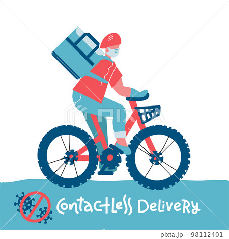 Contactless food delivery rider vector icon. No-contact delivery service online takeout orders cartoon illustration. Bicyclist driver courier in medical mask carries food at coronavirus virus epidemic Contactless food delivery rider vector icon. No-contact delivery service online takeout orders cartoon illustration. Bicyclist driver courier in medical mask carries food at coronavirus virus epidemic 98112401