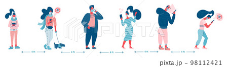 Group of People in Queue, Social Distancing Concept Protection, Prevention of Coronavirus Covid-19. Flat vector illustration. 98112421