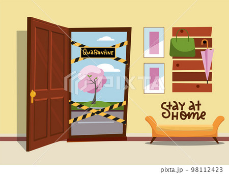 Open door with a stop symbol and sign Close, Quarantine. Vector illustration flat design. Door is blocked by striped cautions ribbons, danger tapes. Dead end, no way out. 98112423