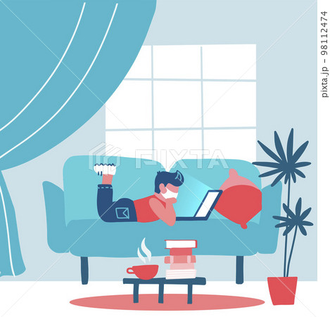 Coronavirus quarantine concept. Small pupil, student working on a laptop at home lying on sofa, online learning for children, study with computer. Prevent infection spreading. Flat vector illustration 98112474