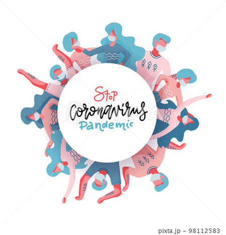 Cooperation of all people to stop the outbreak of COVID-19 that epidemic worldwide, all global hands trying to help and protect the world population. People in medical masks. Flat vector illustration Cooperation of all people to stop the outbreak of COVID-19 that epidemic worldwide, all global hands trying to help and protect the world population. People in medical masks. Flat vector illustration 98112583