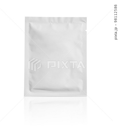 Blank white aluminium foil plastic pouch bag sachet packaging mockup isolated on white background 98112586