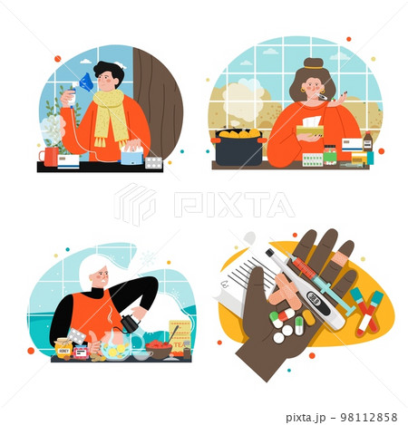 Medicines for flu illness treatment vector scene Medicines for flu illness treatment vector scene 98112858