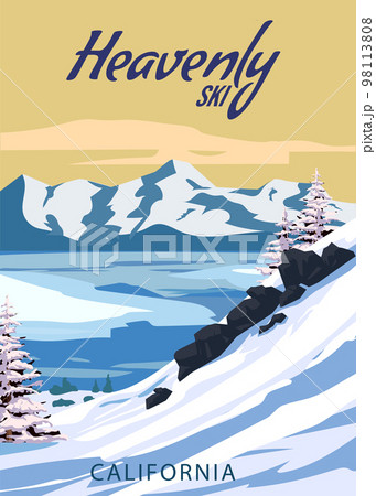 Heavenly Ski Travel resort poster vintage. California USA winter landscape travel card 98113808
