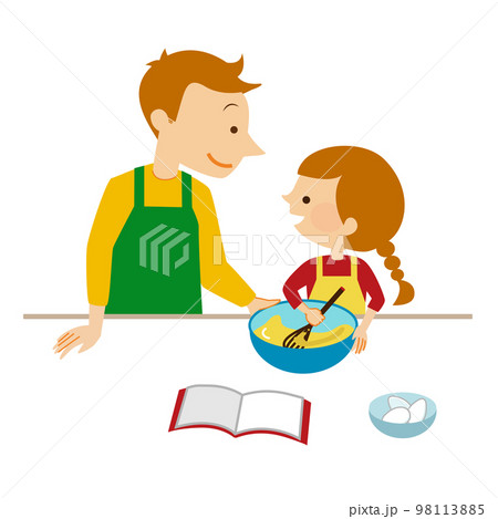 一緒に料理を作る父親と子供のイラスト素材 98113885