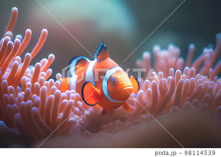 Close up of a brightly colored Clown fish swimming among the coral in aquarium tank. Close up of a brightly colored Clown fish swimming among the coral in aquarium tank. 98114539