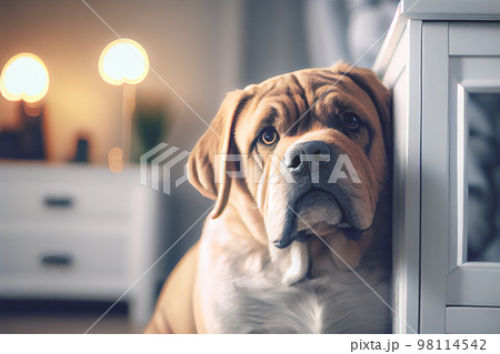 Close up of a friendly dog lounging in room with white furniture background. 98114542